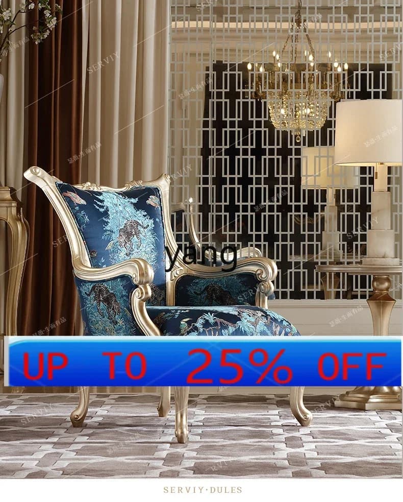 LTT French light luxury court solid wood carving flower fabric single sofa chair European villa leisure master chair