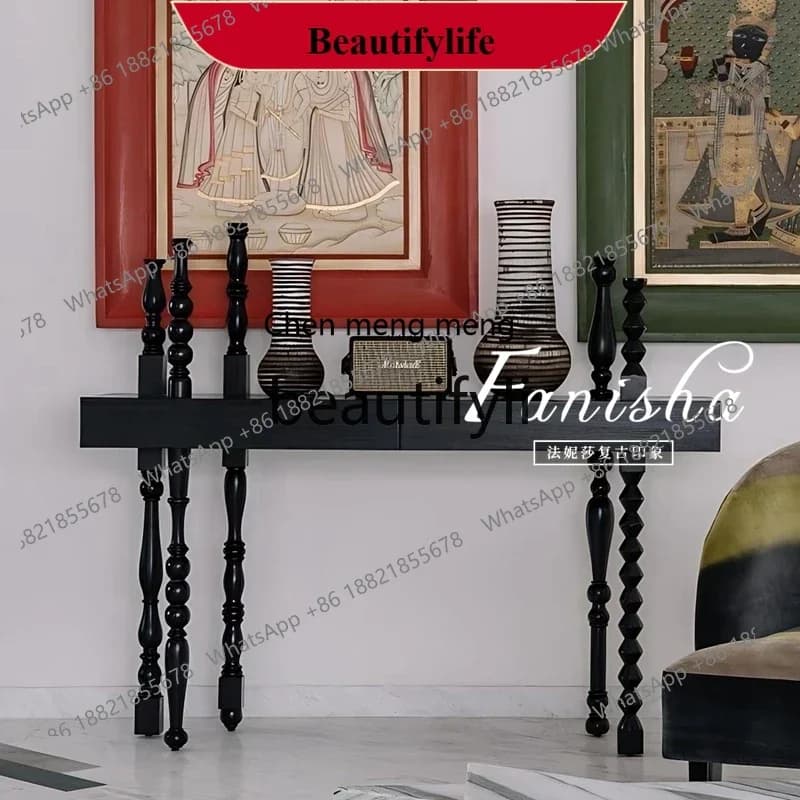 D178  French retro solid wood entrance table, wall decoration table aisle American black entrance table