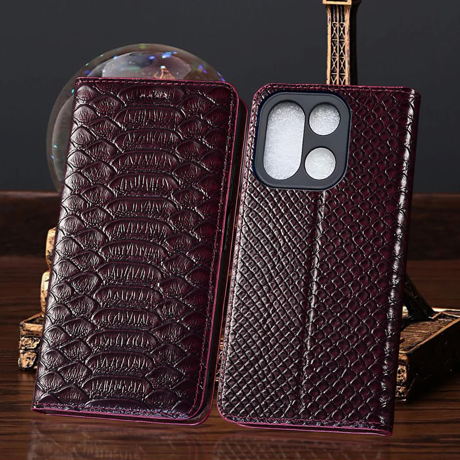Genuine Leather Phone Case For Oneplus 10R 10T 11 12 12R 13 13R 13T 15 15T Pro Python Pattern Wallet Flip Cover Case Cowhide