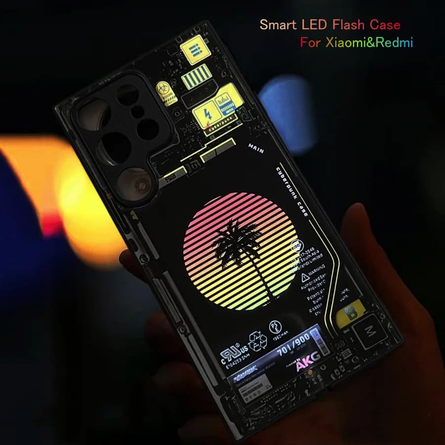 Circuilt Board Sunset Cocnut Tropical Tree Luminous Flash Case For Xiaomi Redmi Note 15 14 13 12 Pro 4G 5G LED Back Cover LED