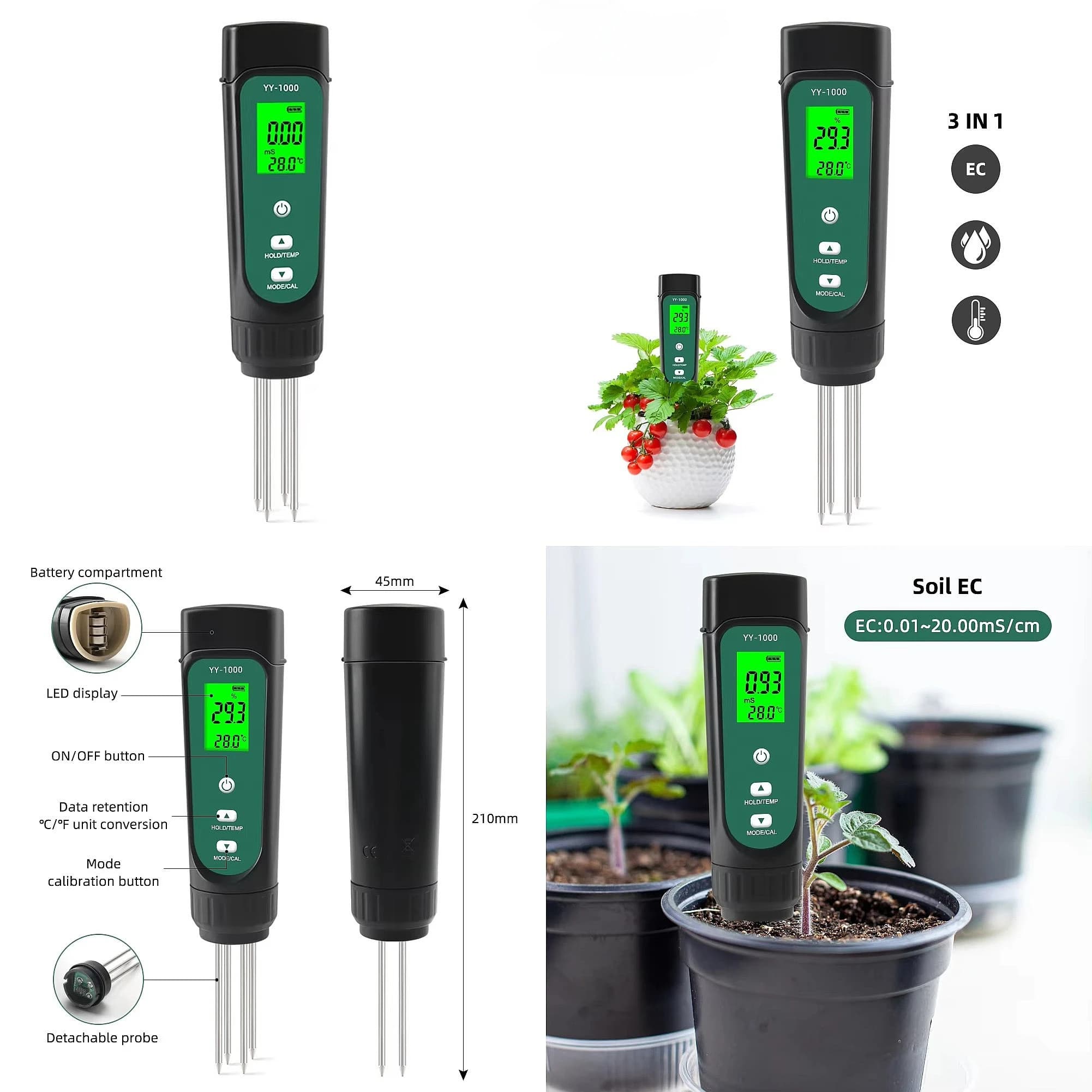3‑in‑1 Soil EC Moisture Temperature Meter, Conductivity Detection Agricultural & Potted‑Horticulture Soil Measuring‑Tool