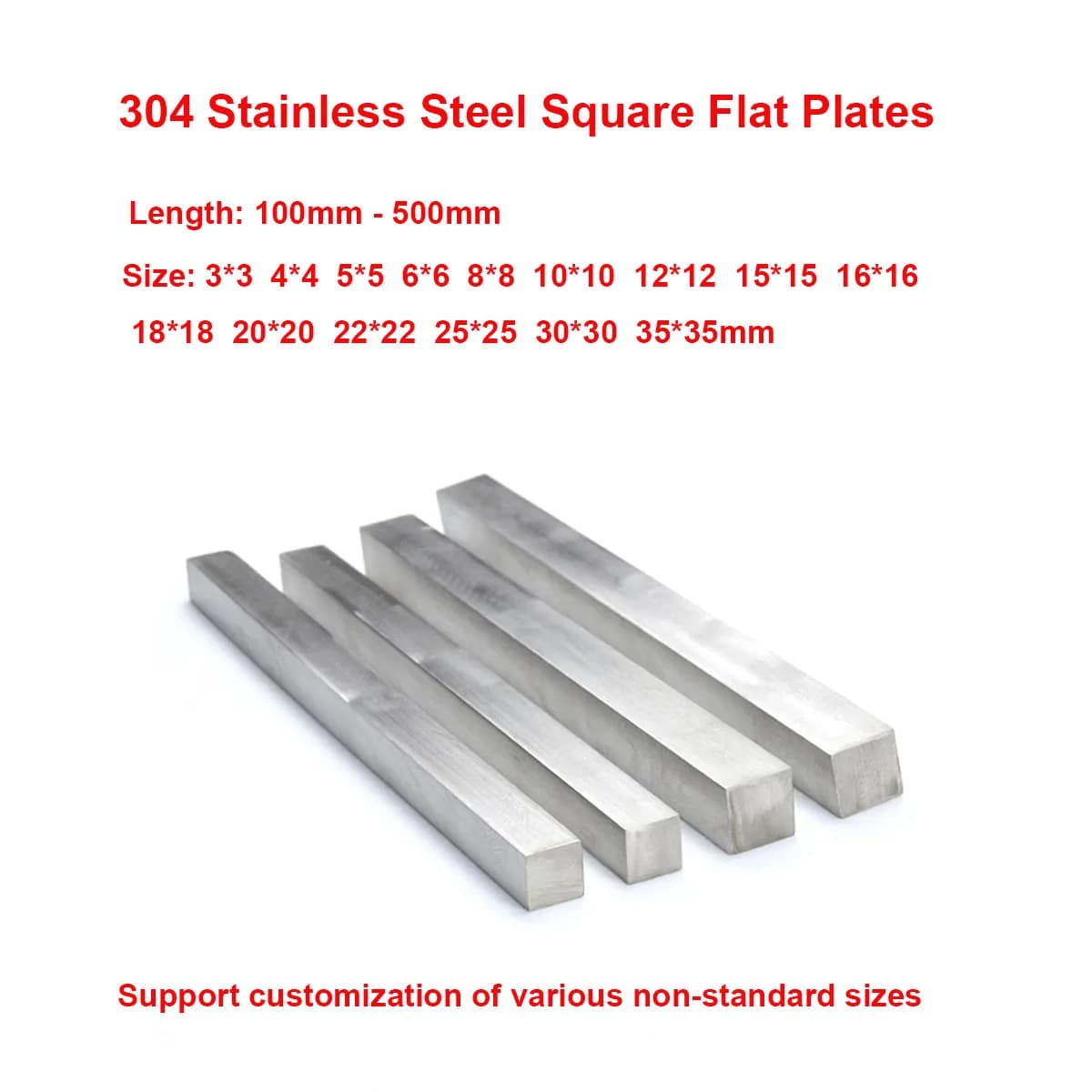 304 Stainless Steel Bar Plate Rob Lengths Ranging From 100mm To 500mm And Dimensions Of 3×3/4×4/5×5/6×6/8×8/12x12