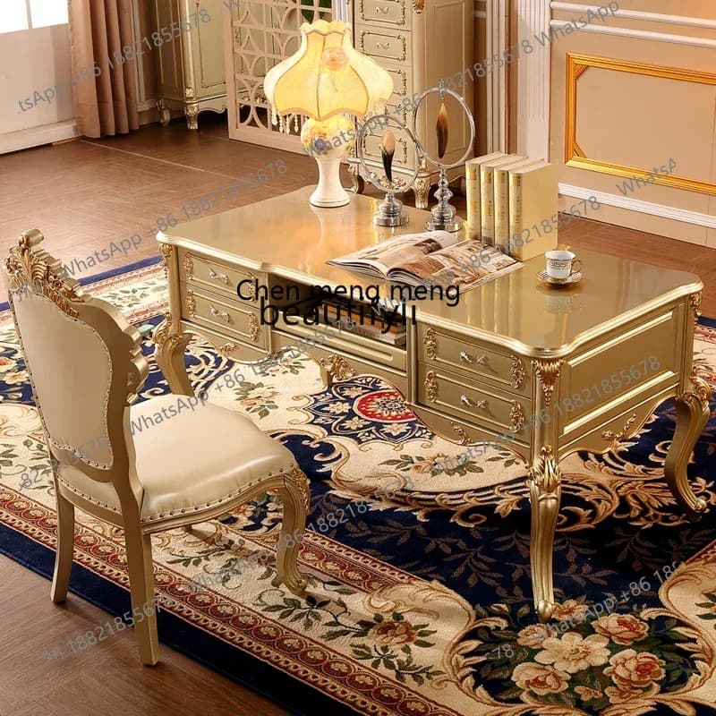 D178  American luxury solid wood gold-painted silver-painted large desk desk writing desk study furniture