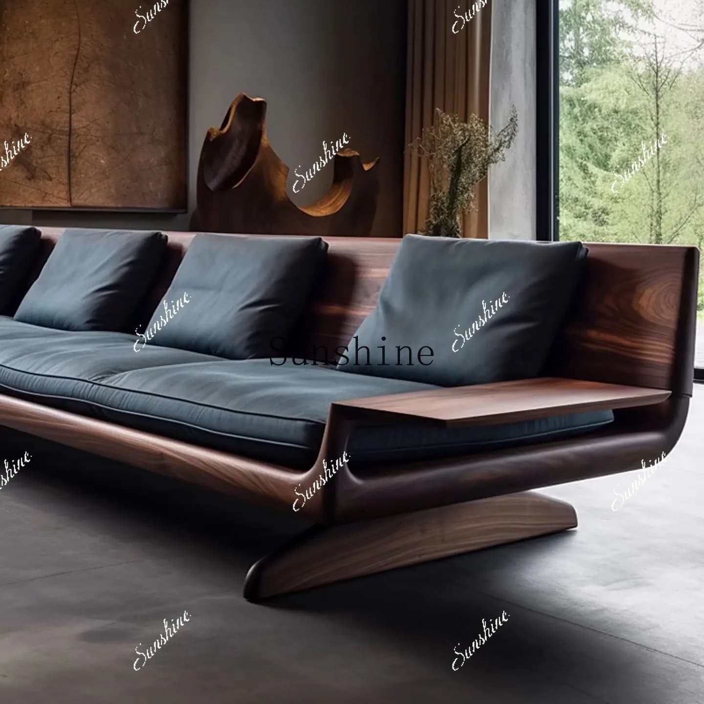 North American black walnut minimalist fabric sofa villa living room modern simple light luxury solid wood straight row  FT