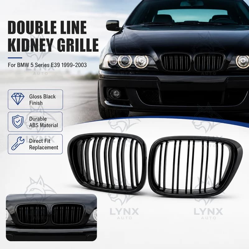 Modified Double Line Double Bar Gloss Black Kidney Grille Front Intake Grille for BMW 5 Series E39 1999-2003