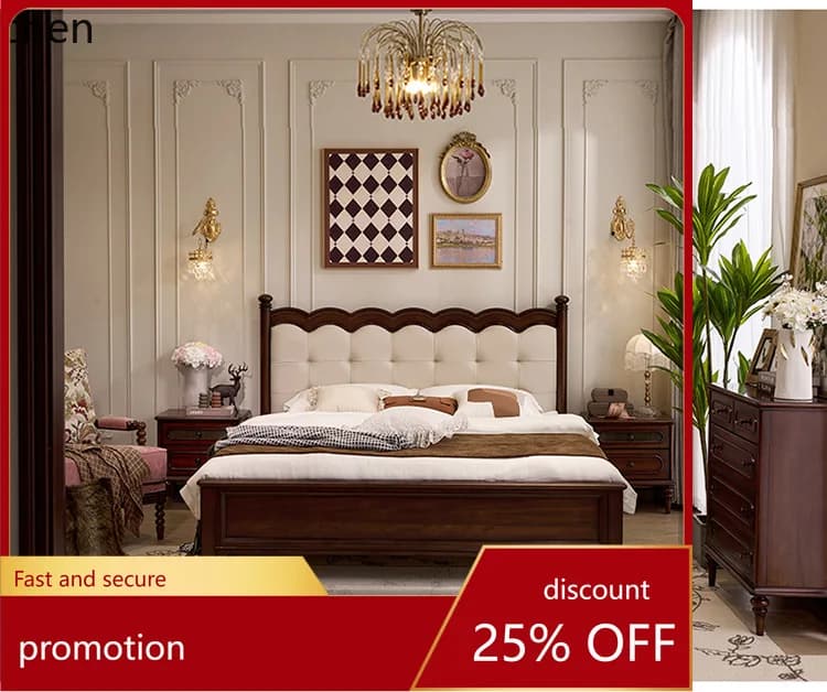 YFY Solid Wood Bed Master Bedroom Vintage Style Large Bed Double Bed