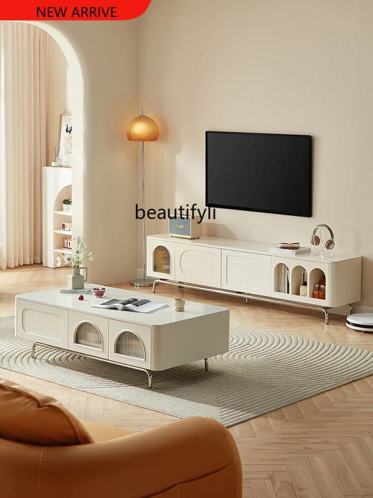 X French Cream Style TV Cabinet Vintage Floor Cabinet Coffee Table Combined TV Cabinet Floor Living Room Modern Minimalist