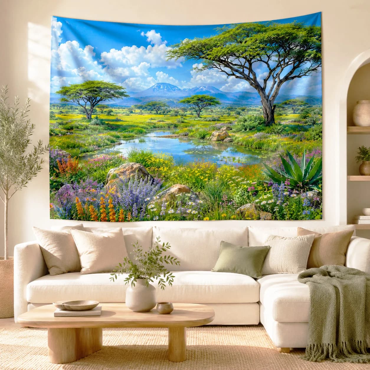 Wildflower Landscape Tapestry Wall Hanging Large Sun Tree Forest Tapestries Boho Aesthetic Room Decor Christmas Gift Ideas
