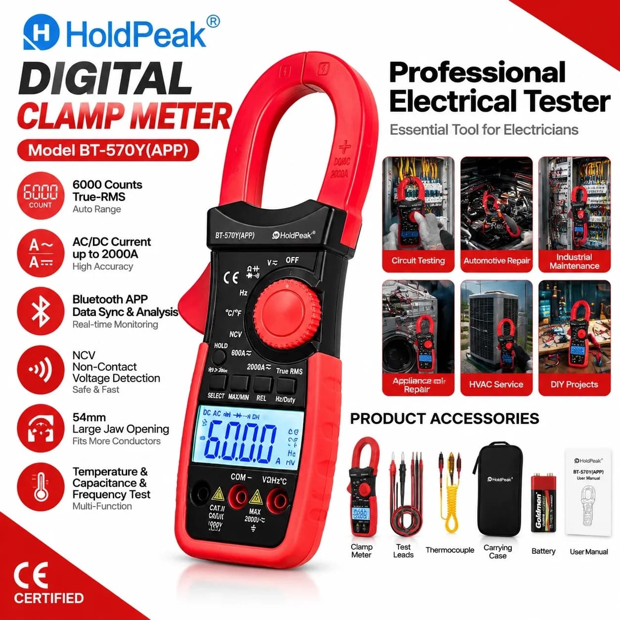 HoldPeak 570Y Clamp Meter 6000 Counts True RMS 2000A AC/DC 54mm Jaw Capacitance Temp NCV Bluetooth APP for Electrician