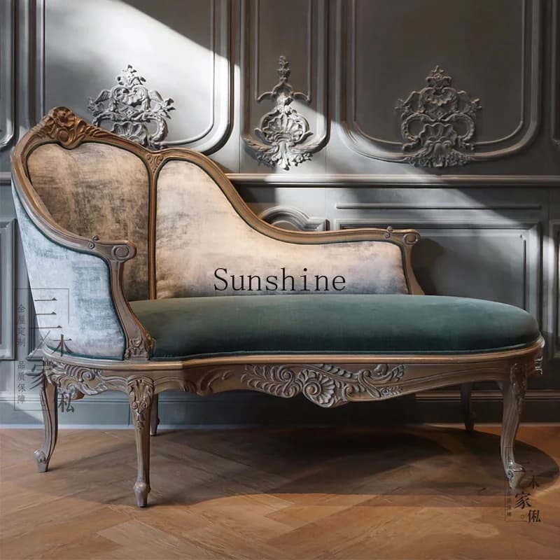 French retro old solid wood carving flower concubine chair living room sofa villa luxury small apartment rattan art