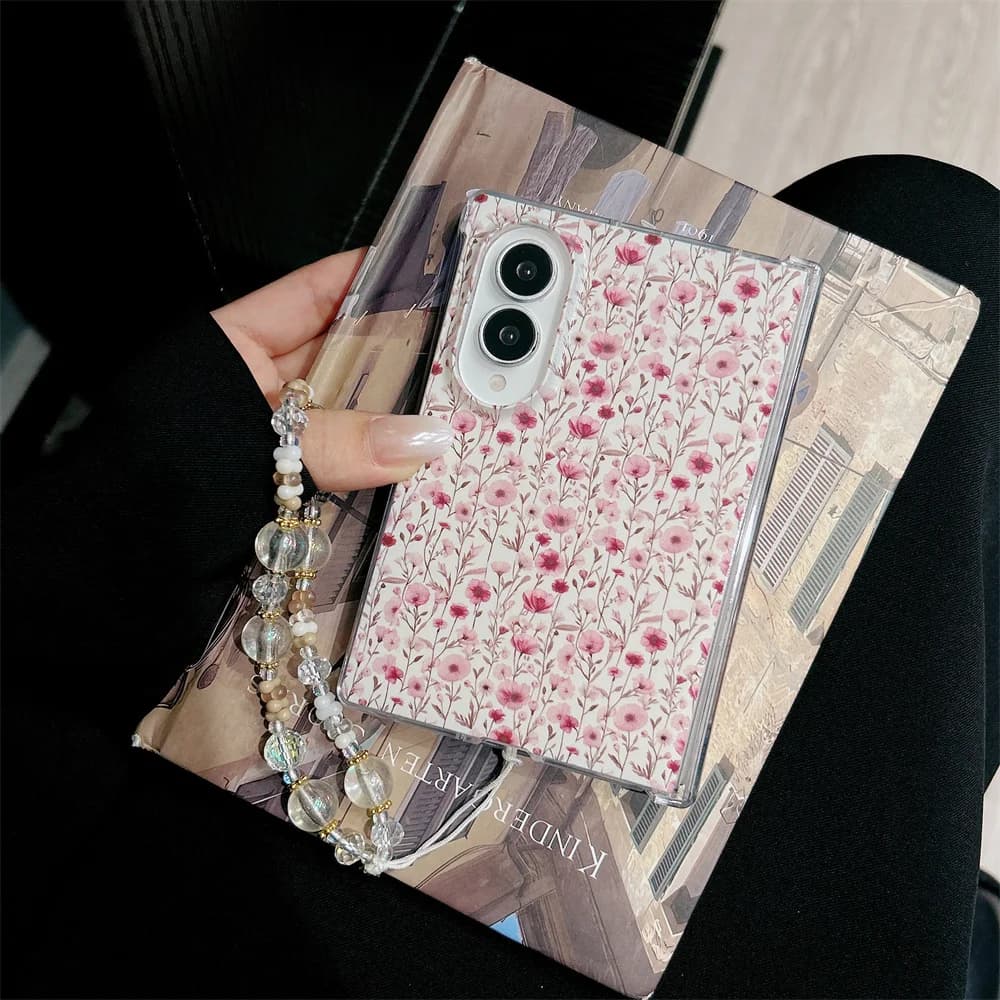 Korean Fashion Full Rose flowers Phone case for Samsung Galaxy Z Fold 8 Cover With Chain Cute Shockproof Cover Z Fold 8