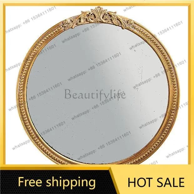 LS French retro bathroom round makeup mirror light luxury household bathroom washstand wall mirror