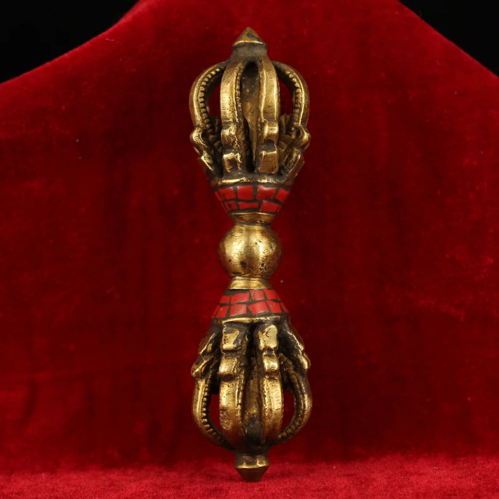 Tibetan Old Brass Nine-Prong Vajra Dorje Ritual Tool Mosaic Red Coral Inlay Buddhist Temple Collectible Amulet Ornament