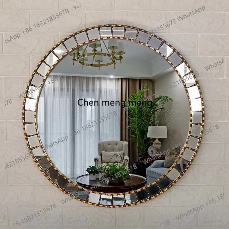 European-style handmade glass sheet beauty handicraft round mirror retro wall-mounted bathroom mirror