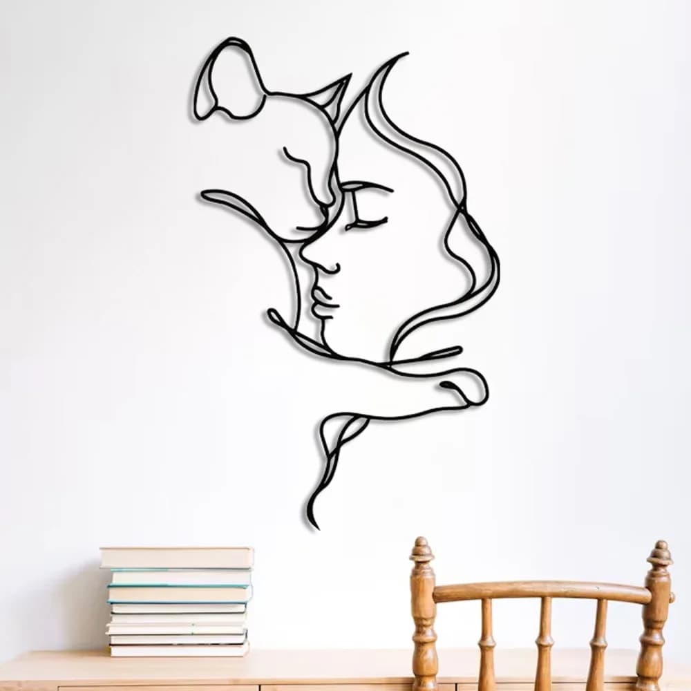 Minimalist Cat and Woman Metal Wall Art Decorative Black Girl Silhouette Living Room Wall Decor and Restaurant Background Gifts