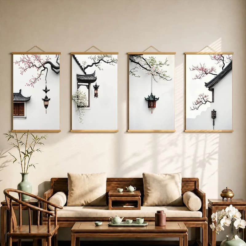 Wall Art Night Rain Beneath Old Eaves, Moody Oriental Pearlescent Canvas Hanging Scroll with Wooden Rods for Quiet Bar Lounge