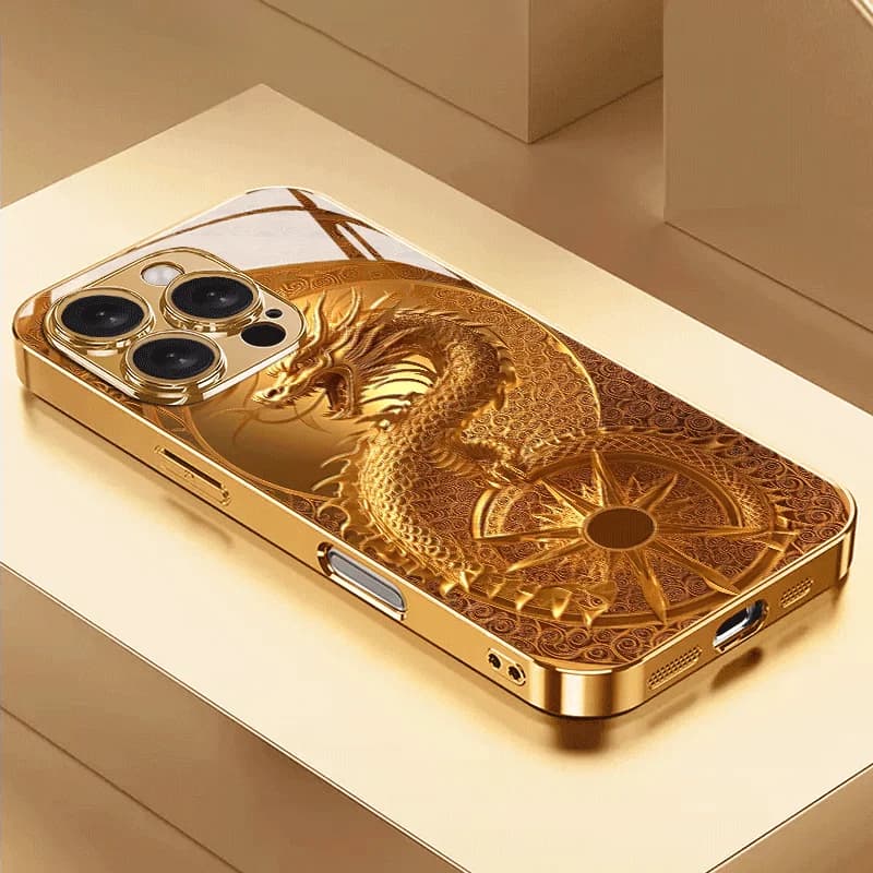 Fashionable "Golden Dragon" pattern electroplated glass phone case is suitable for iPhone 17/16/15/14/13/12/11, etc.