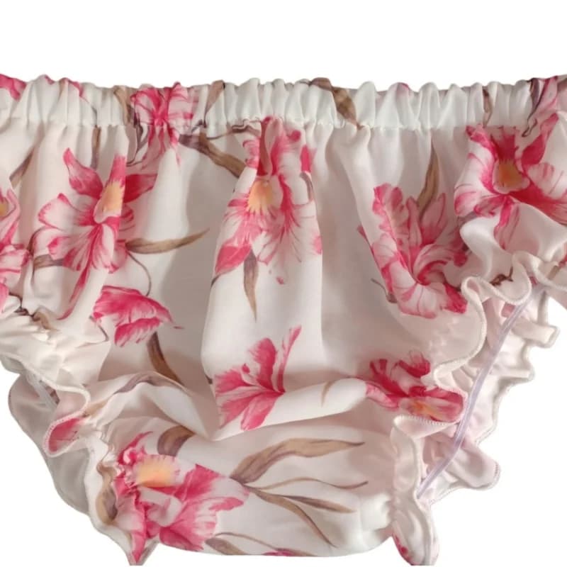 Plus Size Sissy Flower Print Ruched Triangle Briefs Handmade Men's Sexy Double-layer Chiffon Underwear Smooth Delicate Panties