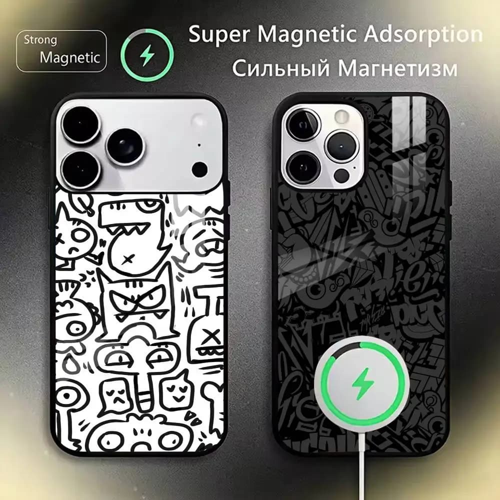 Black White Graffiti Art  Phone Case For iPhone17,16,15,14,13,12,11 Plus,Pro Magnetic with Magsafe Wireless Charging