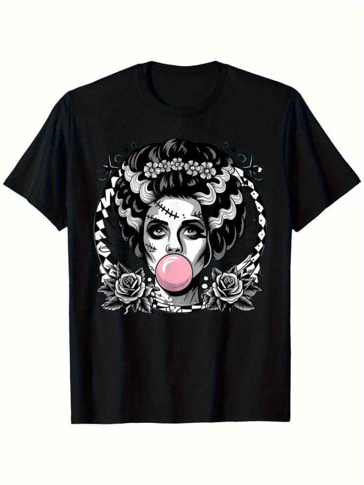 Men's Frankenstein Monster & Bride's Bubble Gum Halloween T-shirt -100% cotton round neck T-shirt with floral print.