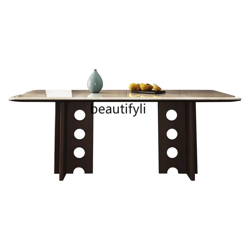 Natural luxury stone dining table rectangular villa solid wood ash wood Italian light luxury high-end dining table
