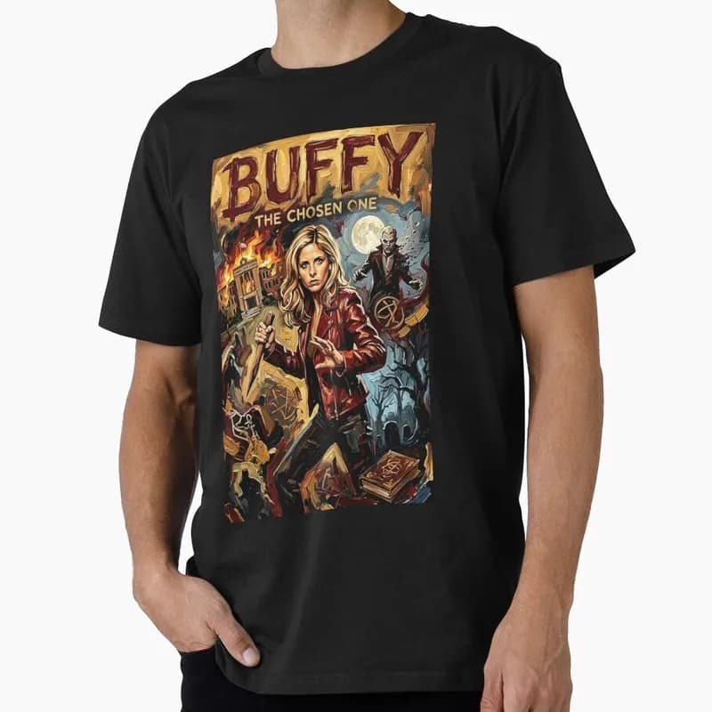 Buffy Inspired Graphic T-Shirt, 0811 Vintage Vampire Slayer Print Tee, Retro Horror Series Short Sleeve Casual Shirt US Size Top