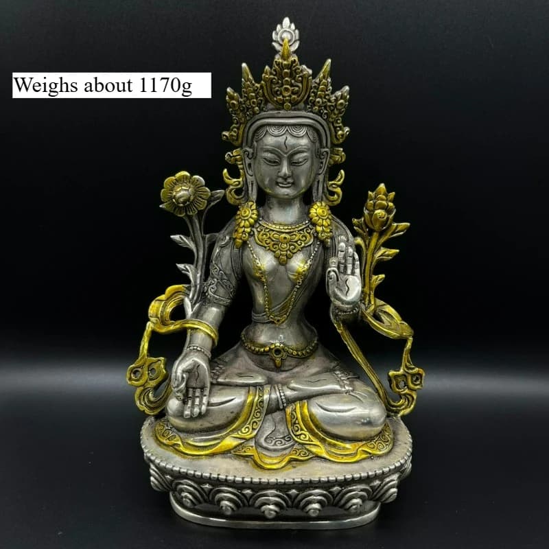 White Copper Gilded Silver Tantric Green Tara Buddha Statue Furniture Living Room Decorations Feng Shui Ornaments Crafts Gifts
