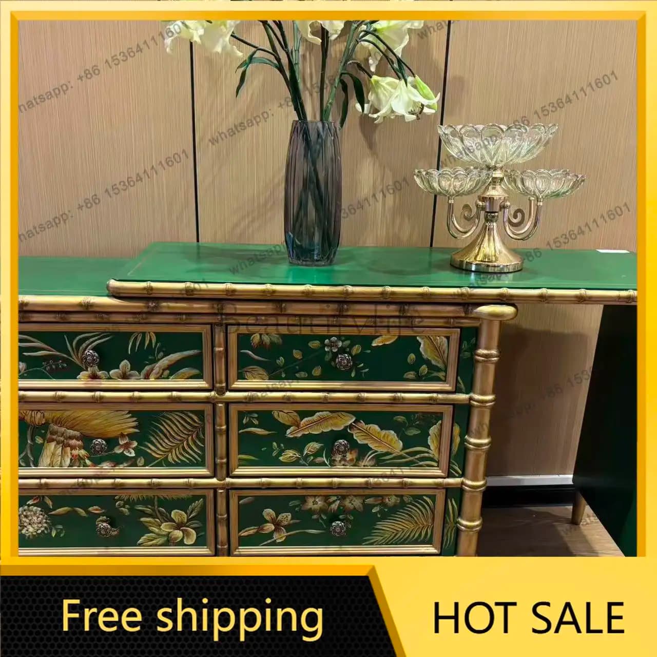 LD New Chinese Classical Luxury Painted Art Bamboo Cabinet Mosaic Leaf Six Bucket Dresser