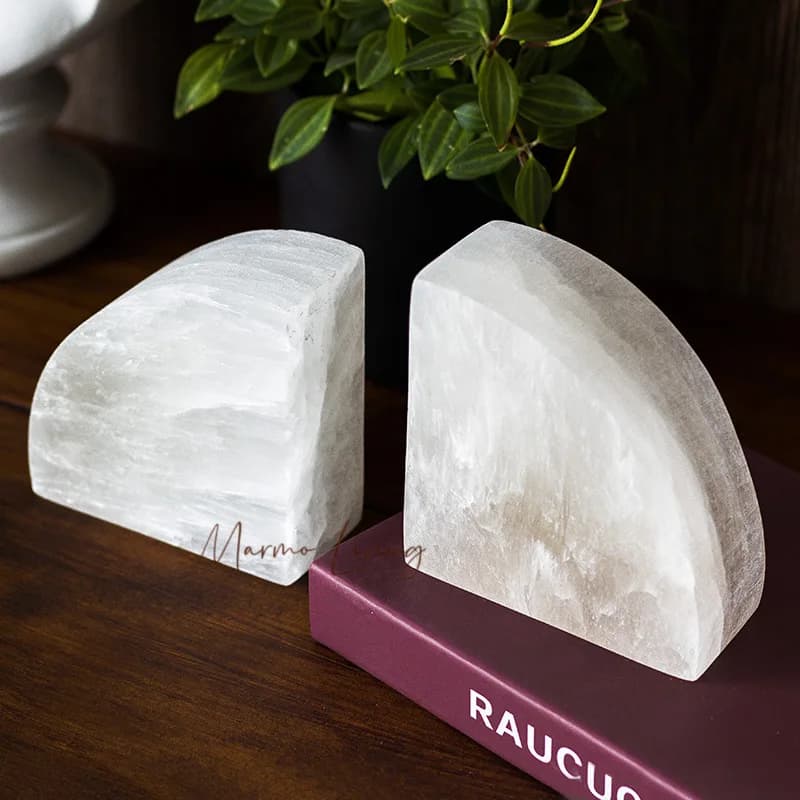 White Onyx Natural Gypsum Mine Bookend Real Stone Study Stationery Bookshelves Book Holder Book Stand Home Decoration