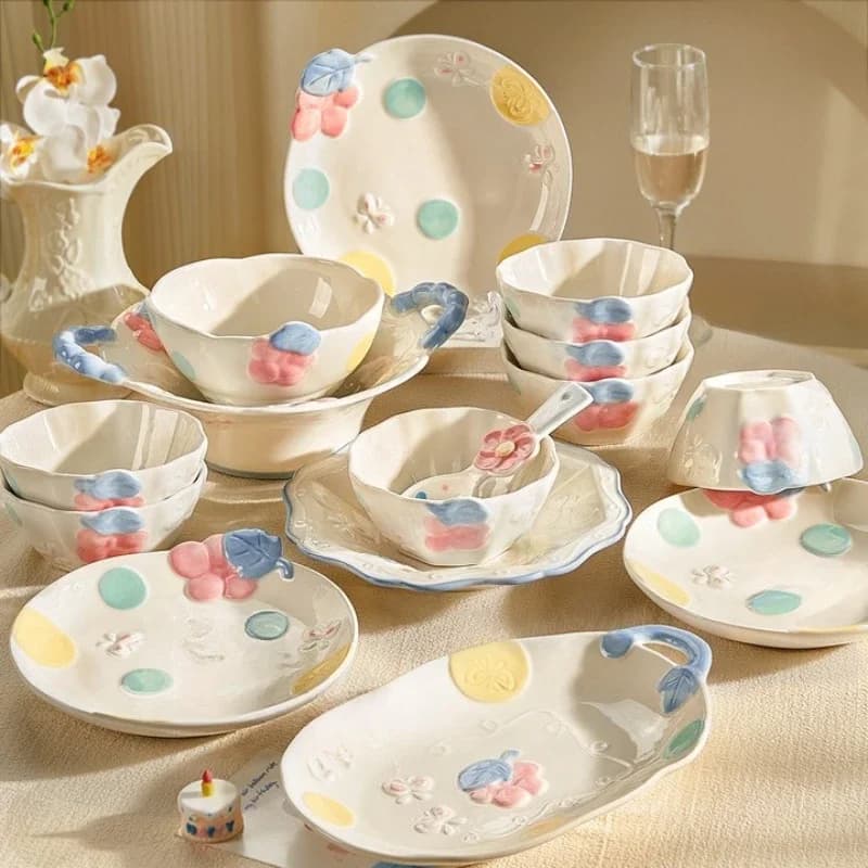 Cute dishes and plates set, household ceramic dishes and plates, housewarming wedding tableware set.
