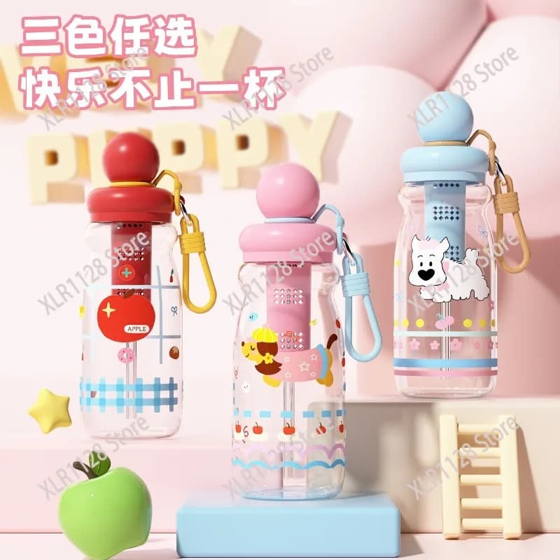 Cute Cartoon Plastic Water Bottle with Straw Portable Space Cup for  & Outdoor Sports
