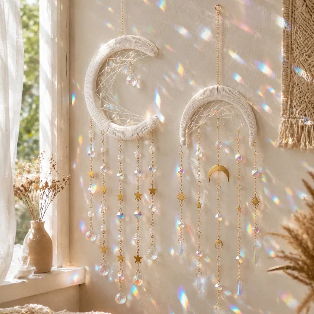 Handwoven Crescent Moon  Dreamcatcher Wall Hanging,Star Prism Pendant Light Catcher Boho Wall Art For Bedroom Window Decor