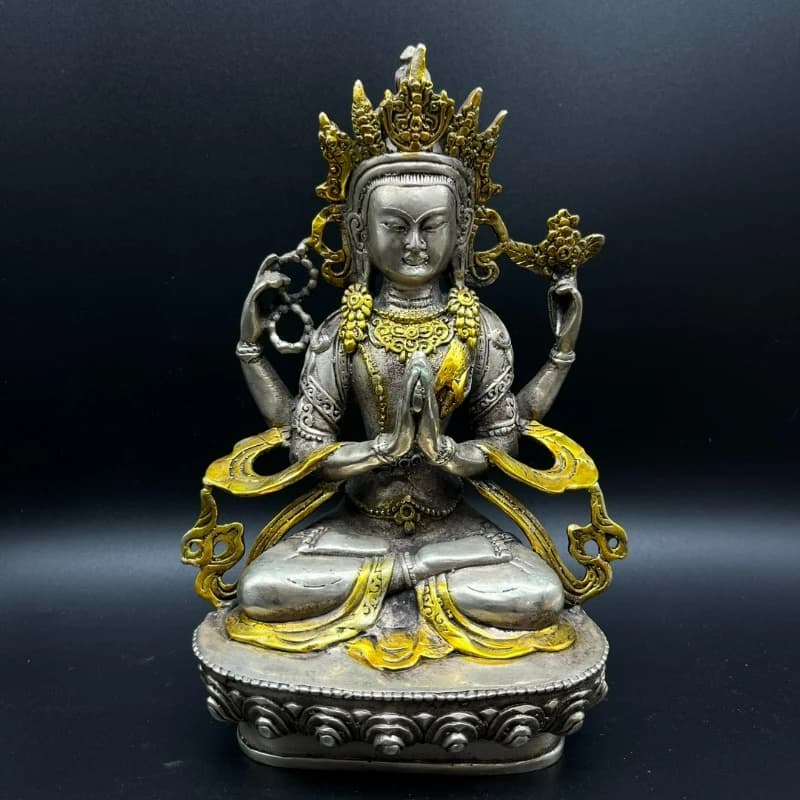 White Copper Gilded Silver Four Armed Guanyin Buddha Home Living Room Decor Feng Shui Ping An Worship Decorative Craft