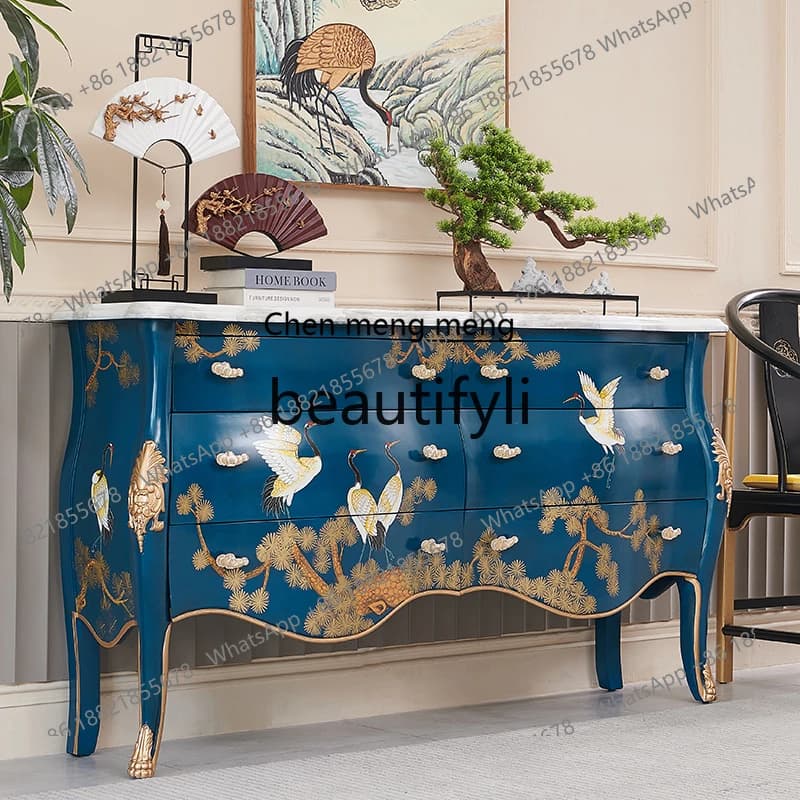 New Chinese luxury hand-painted crane villa entrance door solid wood entrance partition decorative cabinet