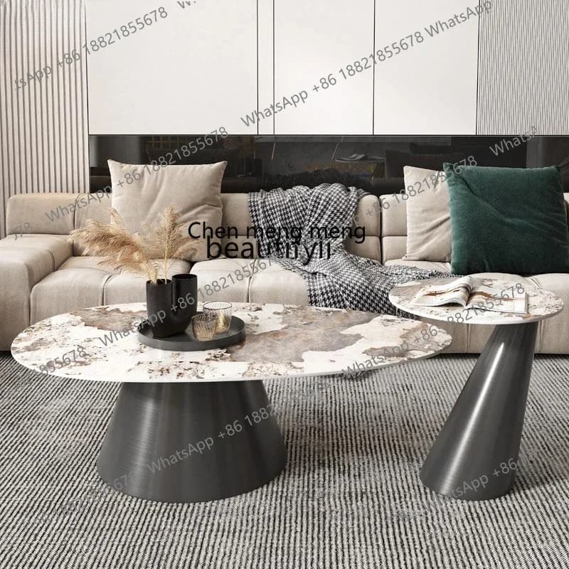 D178 Italian Style Light Luxury Coffee Table Simple Modern Stainless Steel Designer round Stone Plate Coffee Table Oval Storage
