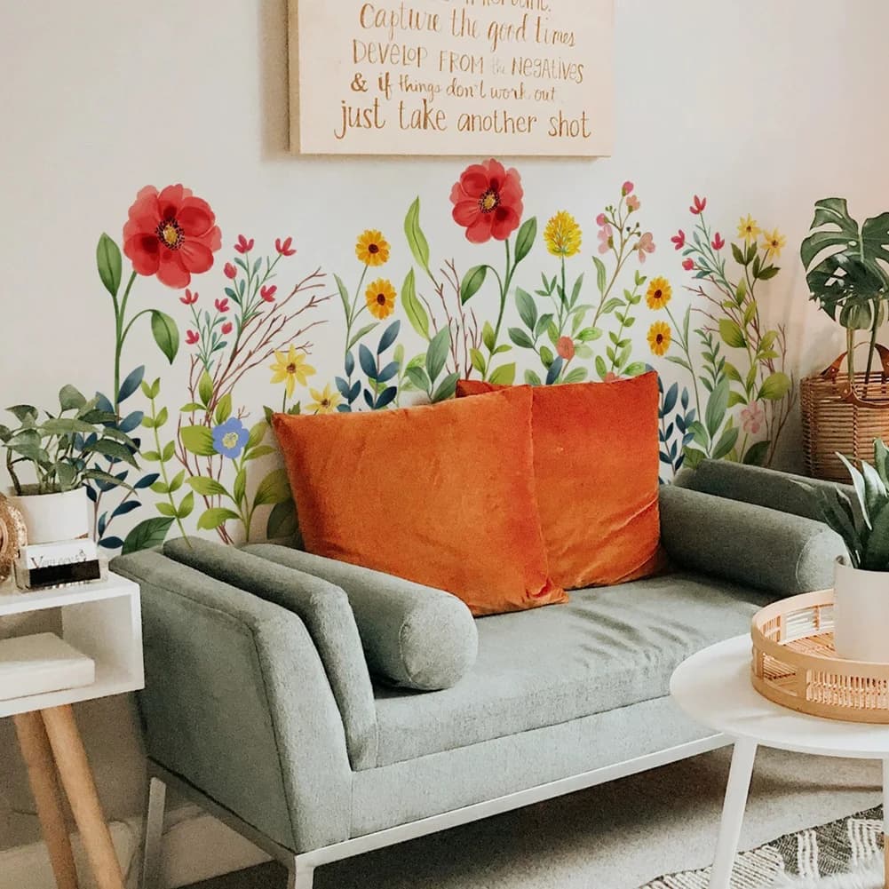 Pastoral Style Flower Grass Wall Sticker For Living Room Background Decoration Mural Bedroom Decor Self-adhesive Beautify Decals