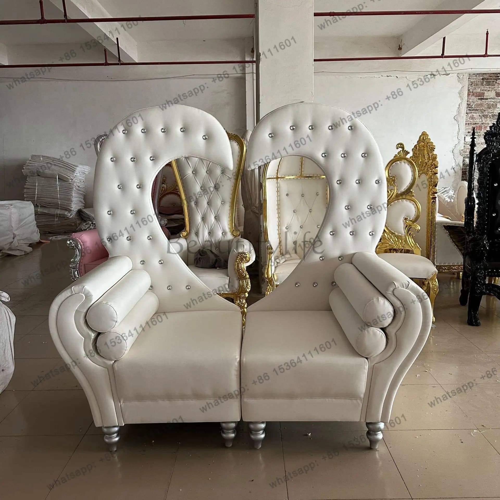 PG-Luxury Princess Prince King Queen Swan Shape Backrest Heart Shaped White Double Loveseat Wedding Throne Chair