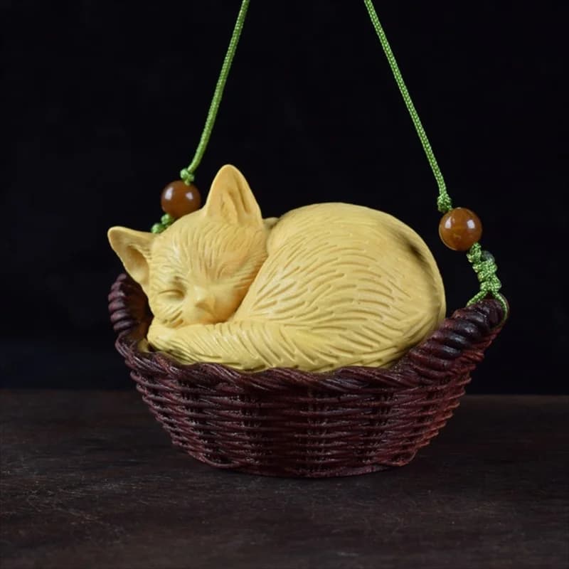 2 " Hand Carved Boxwood Netsuke - Cat Sleeping in Basket