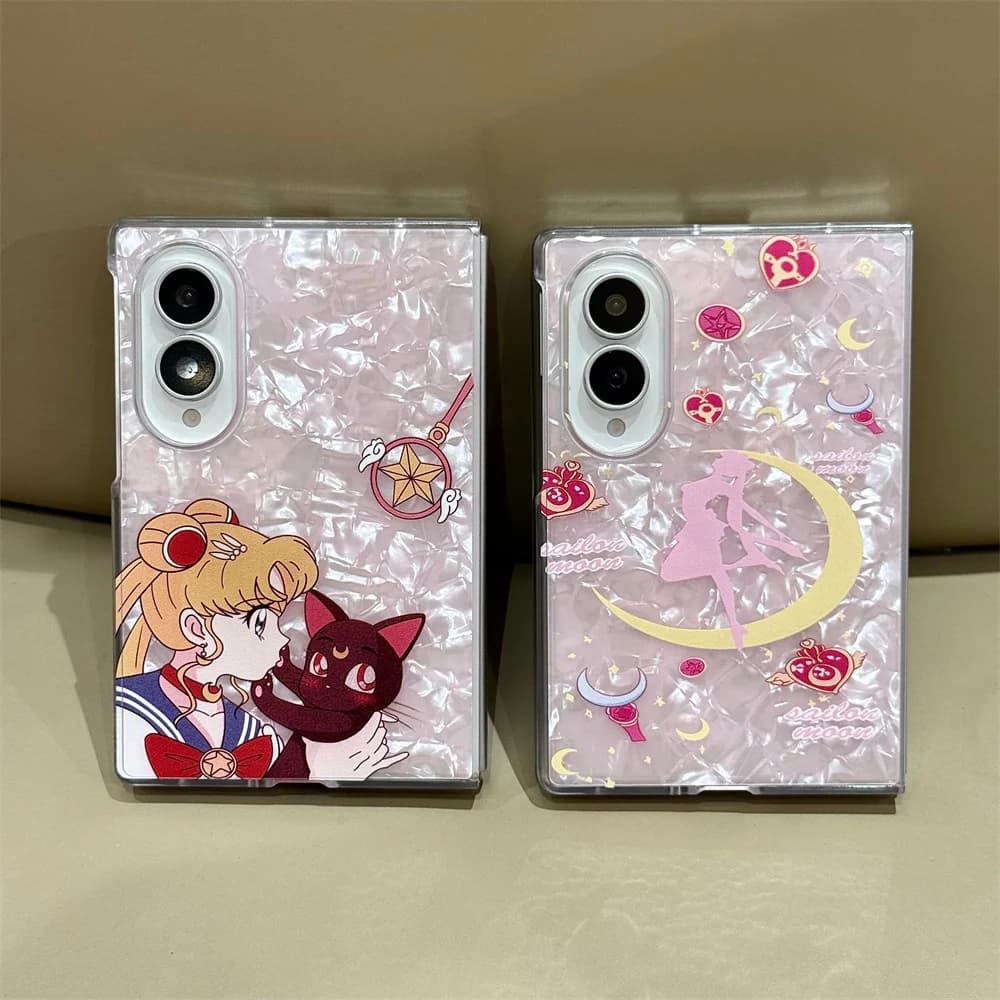 Cute Luna Pink Shell Texture Phone Case For Samsung Galaxy Z Fold 8 Ultra Z Fold 7 6 5 4 3 Shockproof Phone Cover For Girls