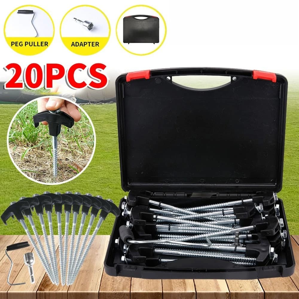 20Pcs Heavy Duty Screw Steel Tent Stakes Camping Ground Pegs For Outdoor Canopy Tarp Awning Windproof Fixed Nails Accessories