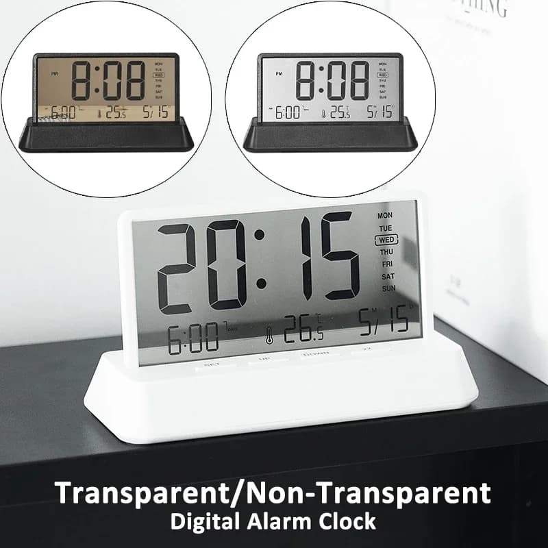 Digital Alarm Clock Electronic Desk Clocks with Date Temp No/With Transparent Display Screen Table Clock for Home Office 12/24H