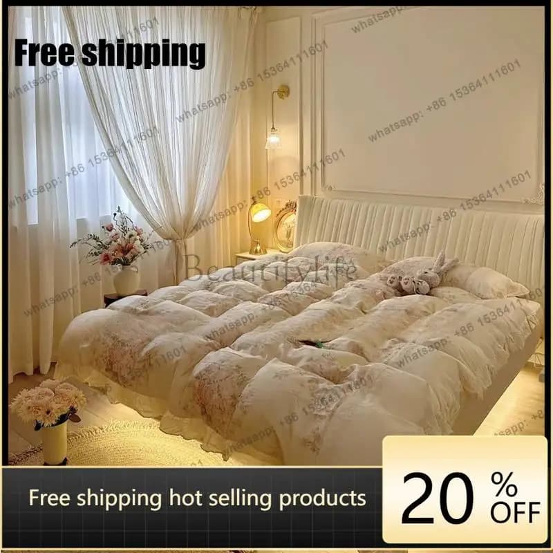 LJY Lamp Decoration Double Bed Nordic Designs Soft Floating Luxury Double Bed Modern Japanese Adults Cama Queen Bedrooms Furnitu