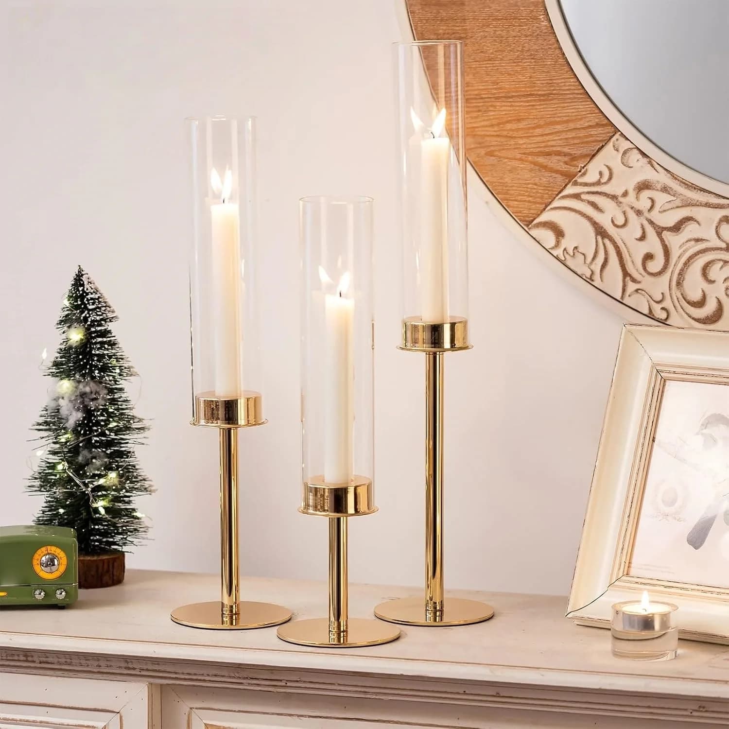 3-Pack Gold Silver Hurricane Candle Holders Removable Glass Shade Weighted Base Taper Candlestick Stands for Wedding Party Decor