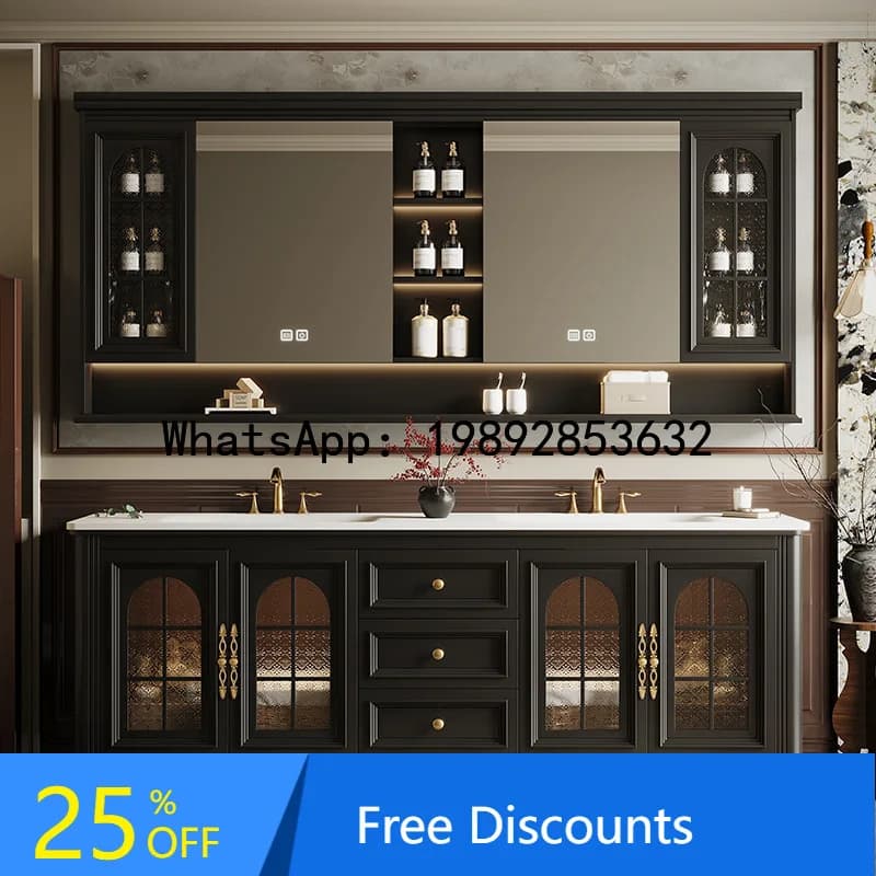 Double Basin Oak French Style Floor-standing Vintage Bathroom Cabinet Set Washroom Sink Cabinet