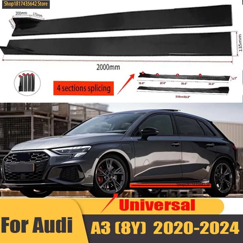 Universal 2.2m Side Skirts Extension Rocker Splitters Diffuser Winglet Wings For Audi A3 8Y A3L Sedan Hatchback Sportback 2022