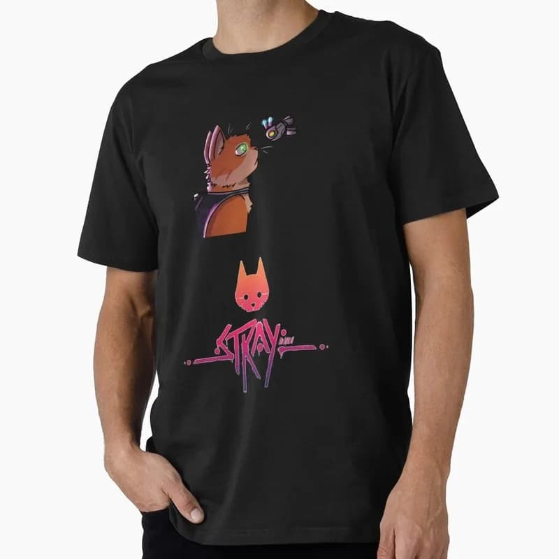 Stray Video Game Cat Graphic T‑Shirt O‑Neck Short Sleeve Unisex Tees Cyberpunk Stray Cat Print Casual Streetwear For Gamer Fans