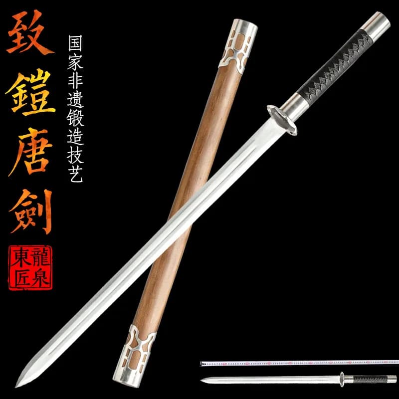 Tang‑Dynasty Sword,High‑Manganese Steel,Traditional Hand‑Forged Sword,Rosewood Saya,Wushu Use Training Prop,Home Decor Sword