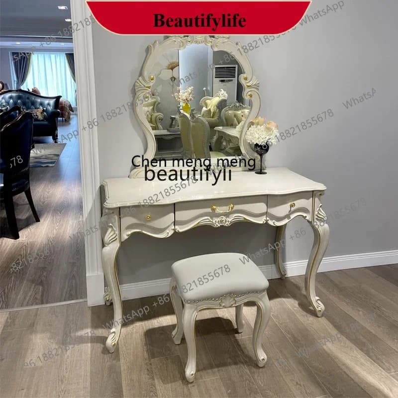 D178  European dressing table Bedroom makeup table with mirror and makeup stool French solid wood carving flower American walnut