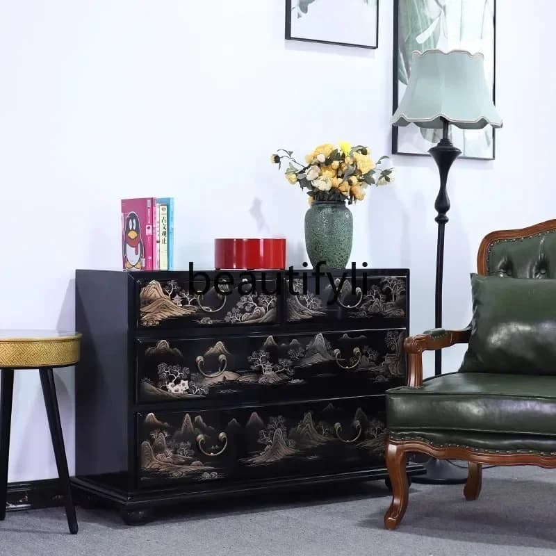 yj58 New Chinese-style painted chest cabinet, living room wall decorative drawer, French-style home foyer partition entrance cab