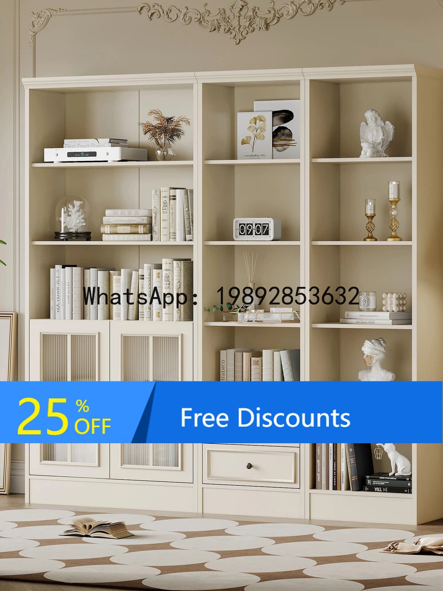 YFY American Simple Modern White Solid Wood Bookcase Home Study Bookshelf French Cream Style Bookcase